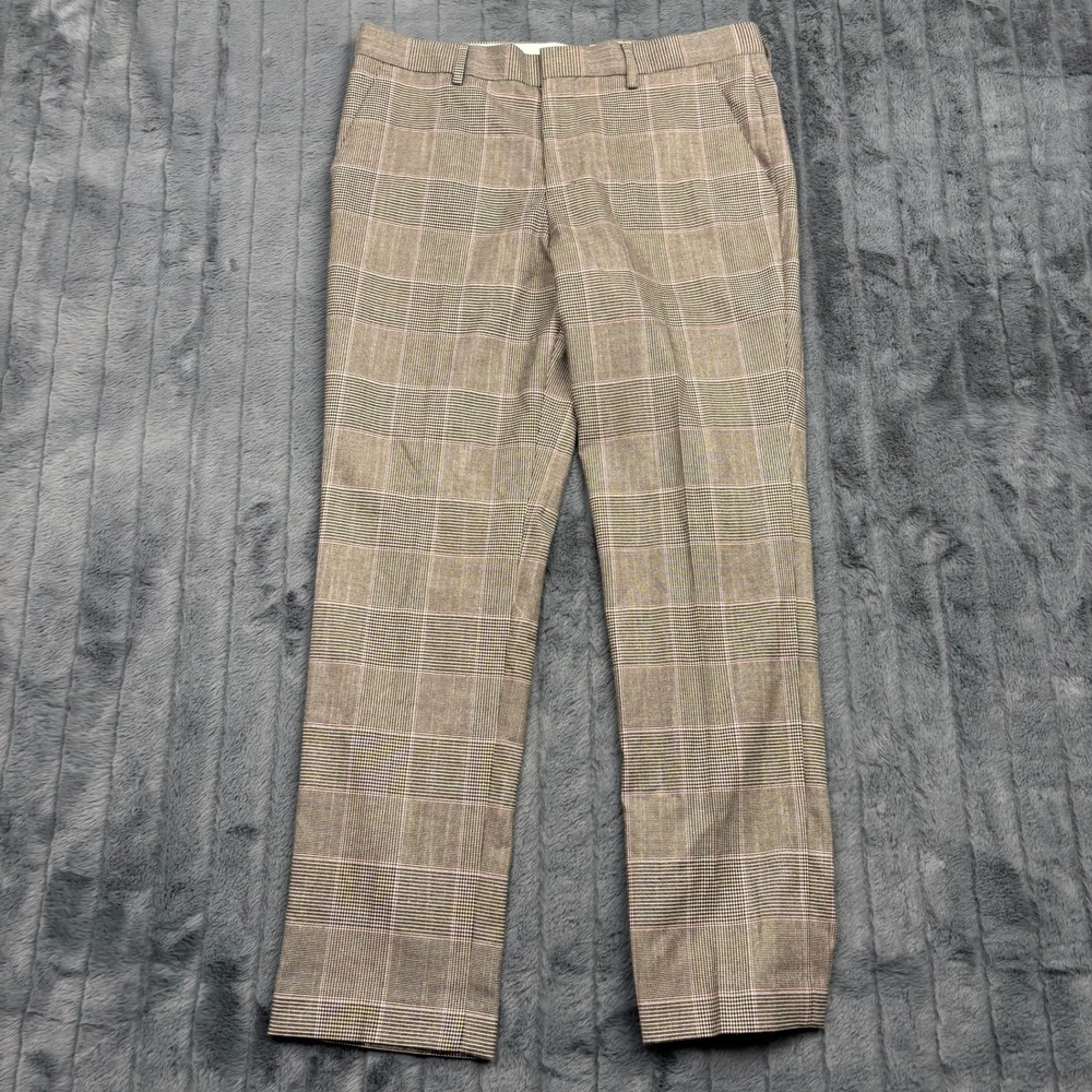 Express Slim Fit Dress Pants Mens 31x30 Brown Pink Glen Plaid Stretch Trousers